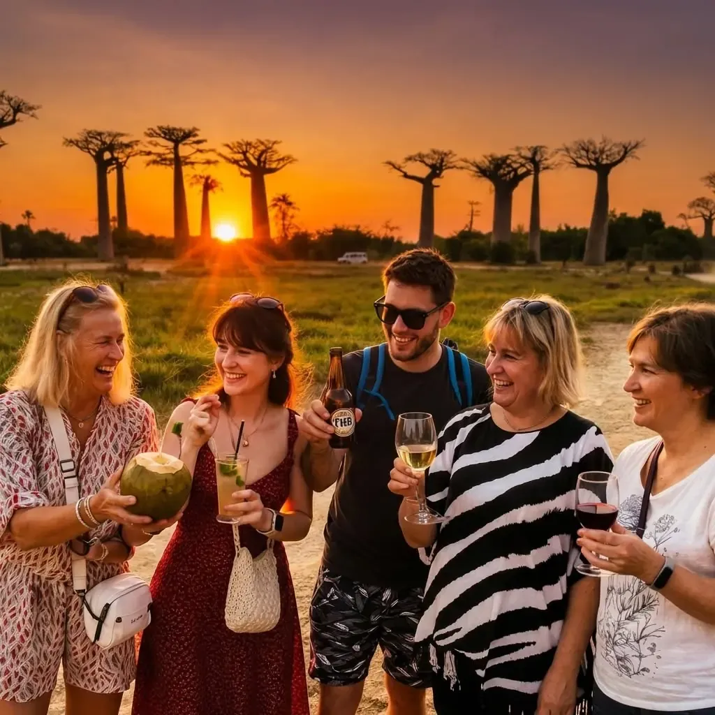 Travellers sharing a sunset drink at the Avenue of the Baobabs