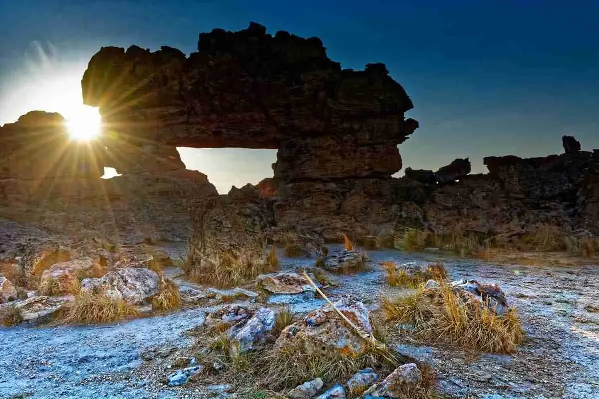 Sandstone window rock in Isalo National Park at sunset