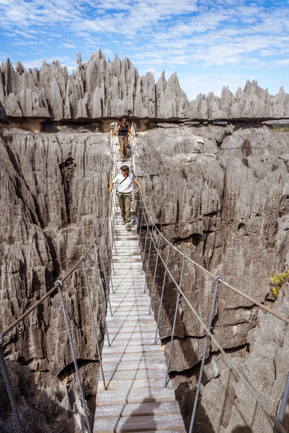 Hikers crossing a suspension bridge in the Tsingy de Bemaraha, near Bekopaka